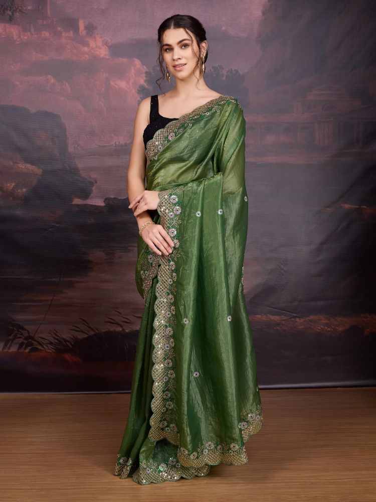 Jyoti Fashion Women's Mehendi Art Silk Sequins Embroidered Designer Saree with Blouse | Grocsy