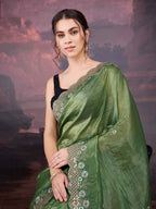Jyoti Fashion Women's Mehendi Art Silk Sequins Embroidered Designer Saree with Blouse | Grocsy