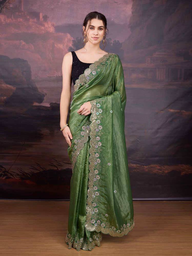 Jyoti Fashion Women's Mehendi Art Silk Sequins Embroidered Designer Saree with Blouse | Grocsy