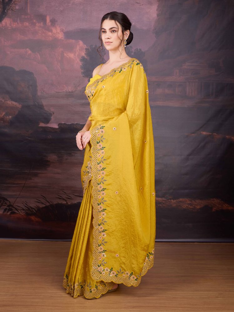 Jyoti Fashion Women's Yellow Art Silk Sequins Embroidered Designer Saree with Blouse | Grocsy