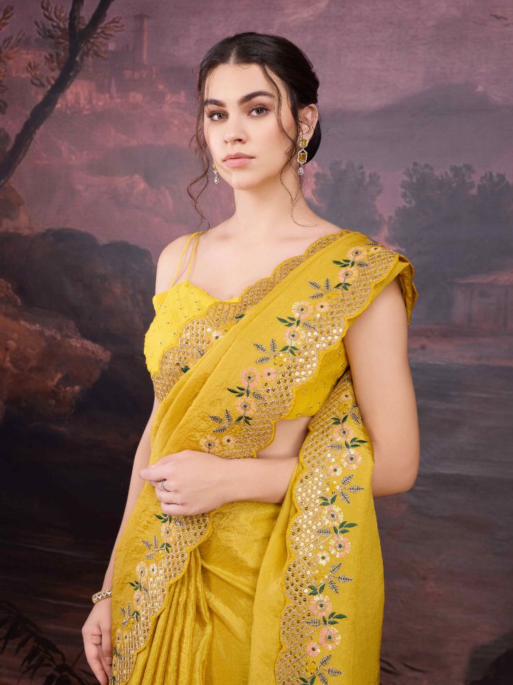 Jyoti Fashion Women's Yellow Art Silk Sequins Embroidered Designer Saree with Blouse | Grocsy