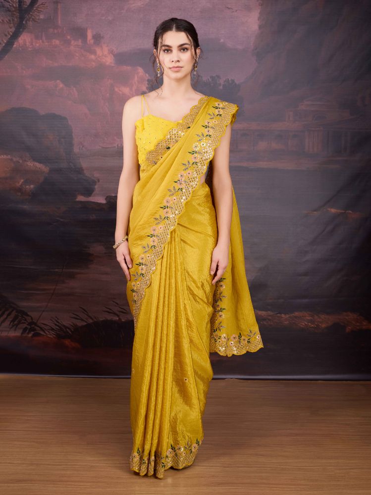 Jyoti Fashion Women's Yellow Art Silk Sequins Embroidered Designer Saree with Blouse | Grocsy