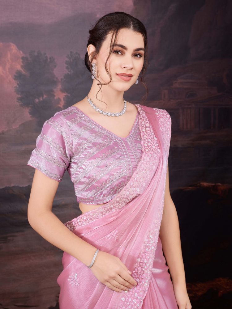 Jyoti Fashion Women's Baby Pink Jimmy Choo Sequins Embroidered Designer Saree with Blouse | Grocsy