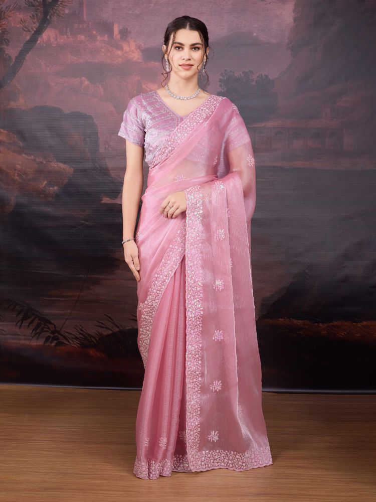 Jyoti Fashion Women's Baby Pink Jimmy Choo Sequins Embroidered Designer Saree with Blouse | Grocsy