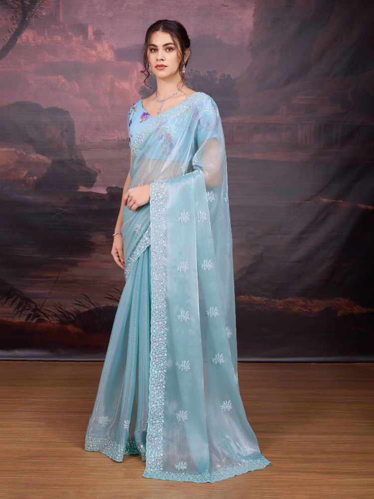 Jyoti Fashion Women's Sky Blue Jimmy Choo Sequins Embroidered Designer Saree with Blouse | Grocsy