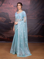 Jyoti Fashion Women's Sky Blue Jimmy Choo Sequins Embroidered Designer Saree with Blouse | Grocsy
