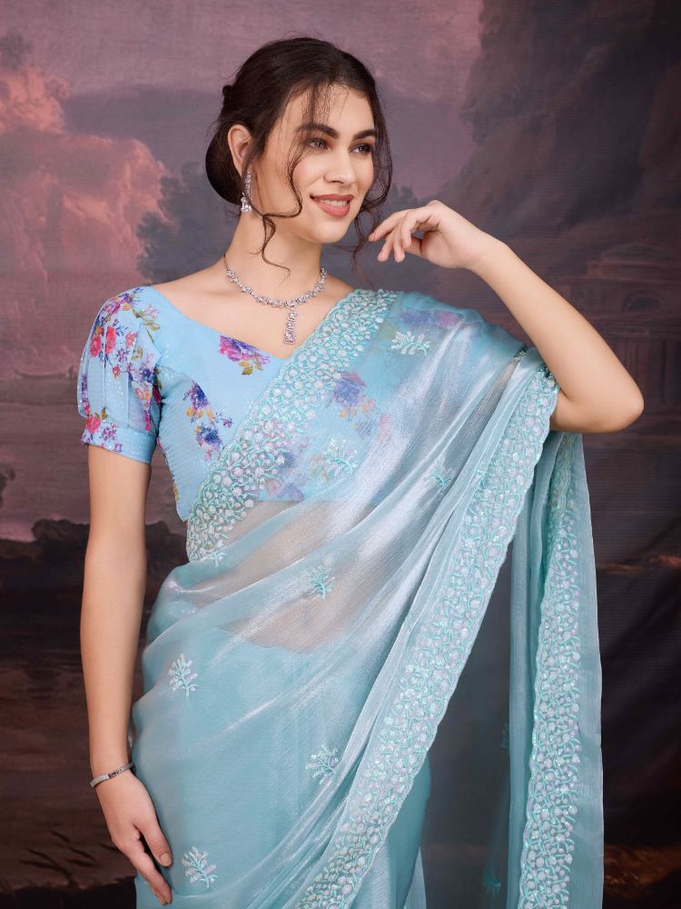Jyoti Fashion Women's Sky Blue Jimmy Choo Sequins Embroidered Designer Saree with Blouse | Grocsy