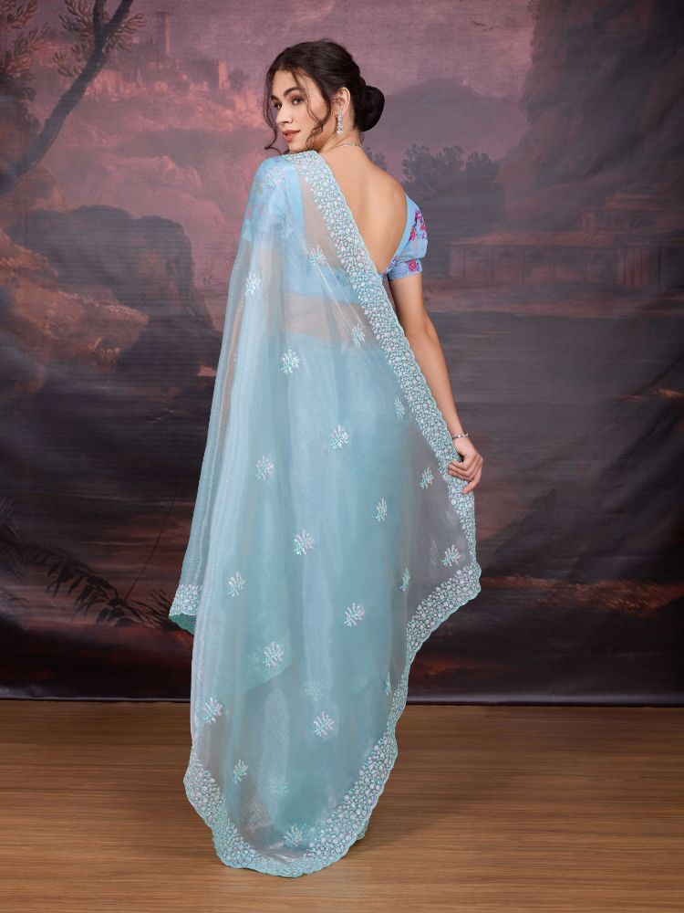 Jyoti Fashion Women's Sky Blue Jimmy Choo Sequins Embroidered Designer Saree with Blouse | Grocsy