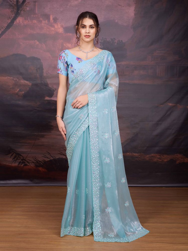 Jyoti Fashion Women's Sky Blue Jimmy Choo Sequins Embroidered Designer Saree with Blouse | Grocsy