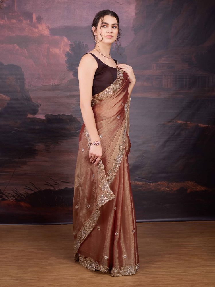 Jyoti Fashion Women's Brown Jimmy Choo Embroidered Siroski Designer Saree with Blouse | Grocsy
