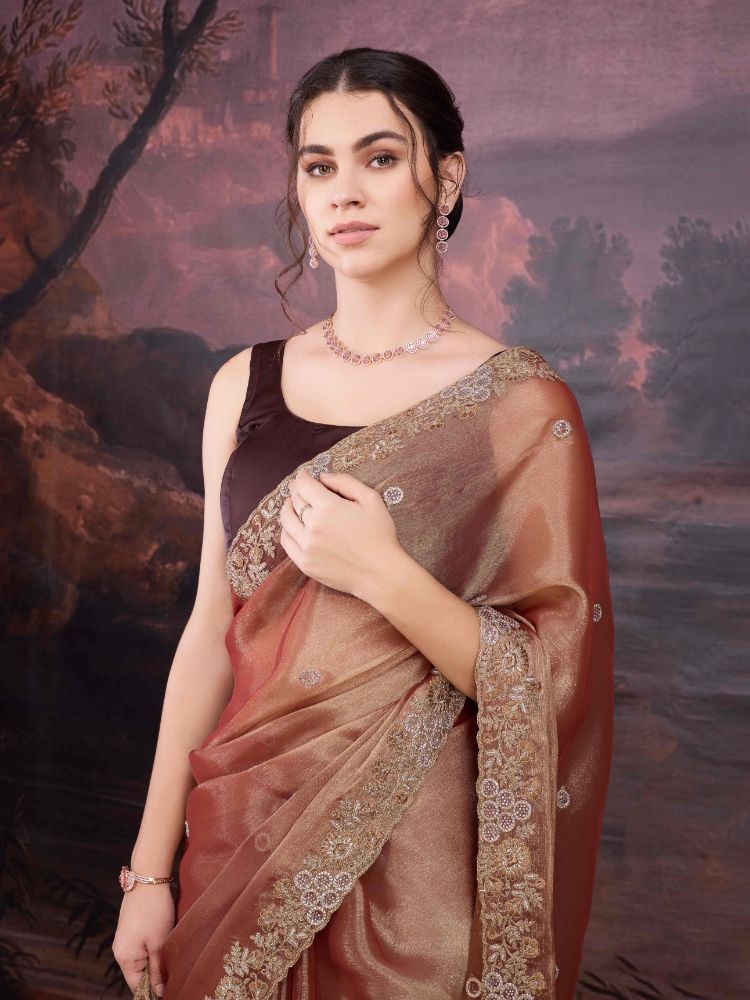 Jyoti Fashion Women's Brown Jimmy Choo Embroidered Siroski Designer Saree with Blouse | Grocsy