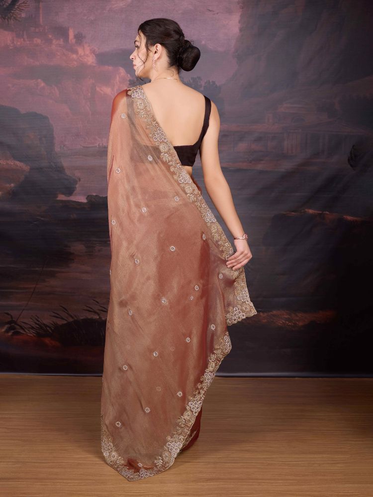 Jyoti Fashion Women's Brown Jimmy Choo Embroidered Siroski Designer Saree with Blouse | Grocsy