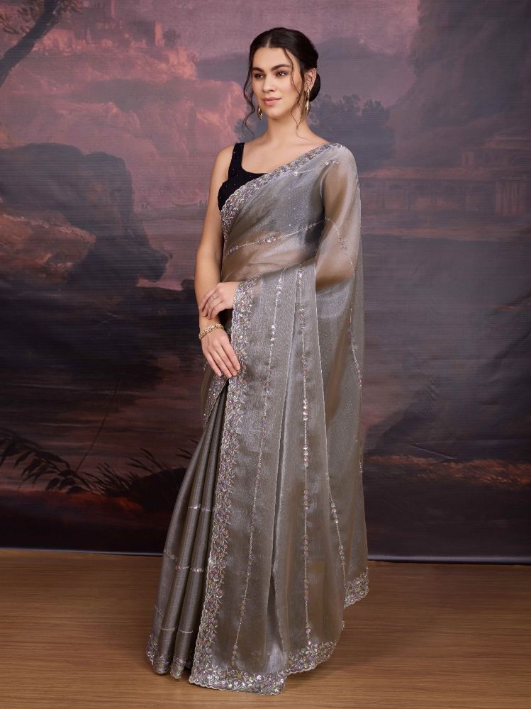 Jyoti Fashion Women's Grey Jimmy Choo Sequins Embroidered Designer Saree with Blouse | Grocsy