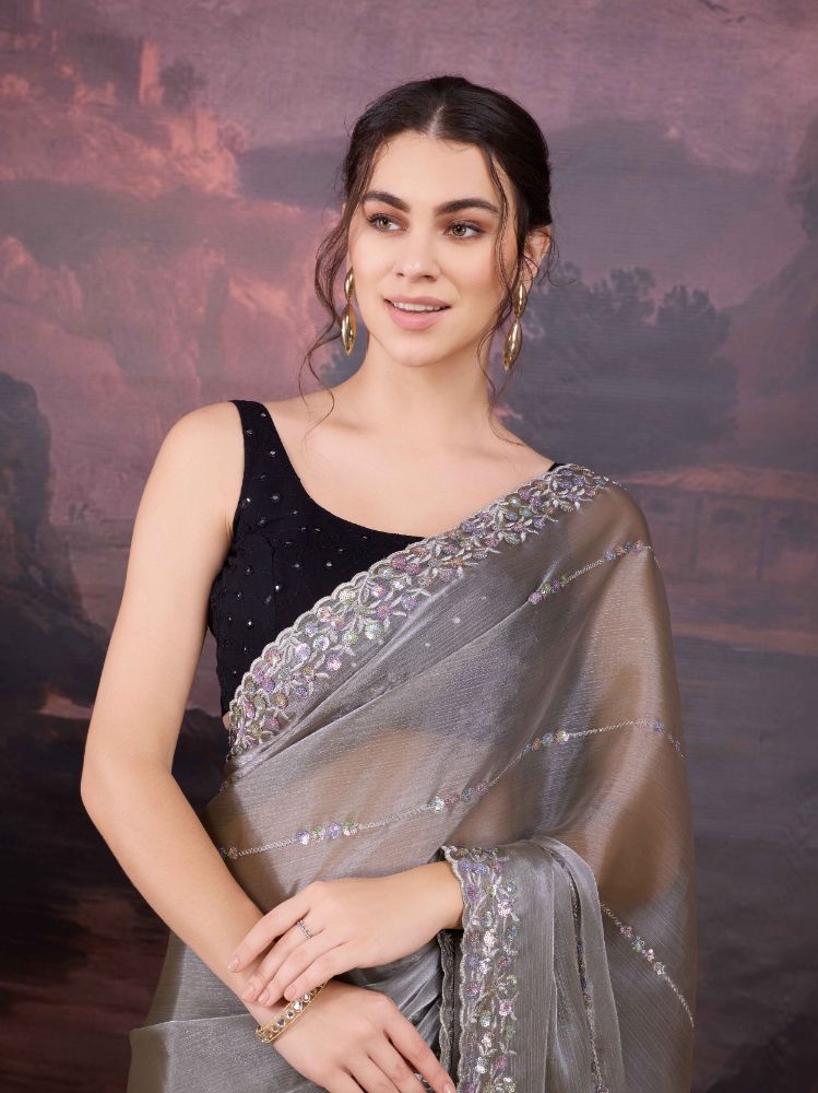 Jyoti Fashion Women's Grey Jimmy Choo Sequins Embroidered Designer Saree with Blouse | Grocsy