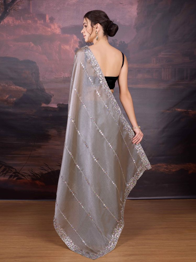 Jyoti Fashion Women's Grey Jimmy Choo Sequins Embroidered Designer Saree with Blouse | Grocsy