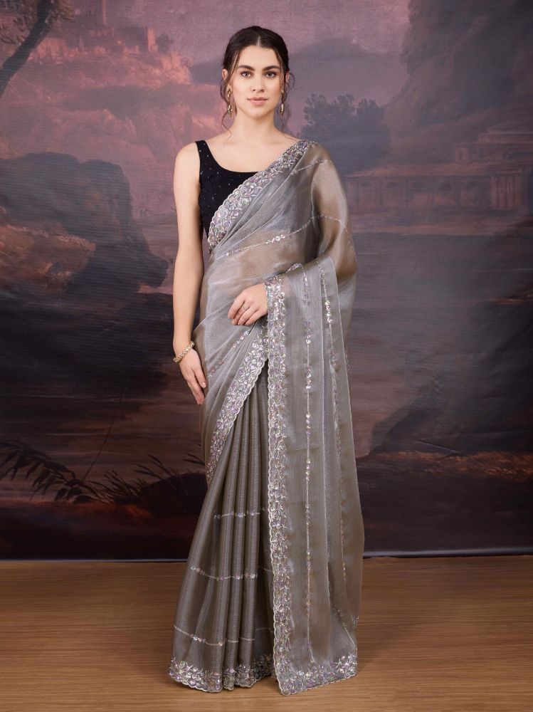 Jyoti Fashion Women's Grey Jimmy Choo Sequins Embroidered Designer Saree with Blouse | Grocsy