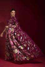 Jyoti Fashion Women's Wine Sequence Embroidery Georgette Saree with Blouse | Grocsy