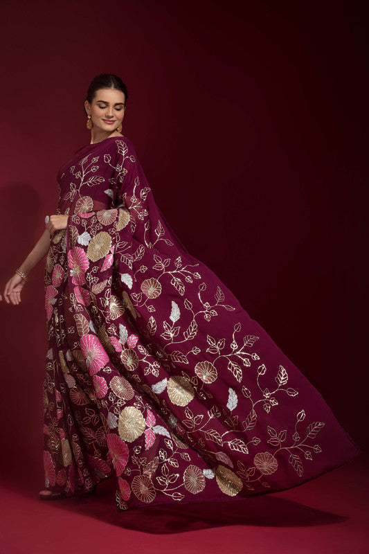 Jyoti Fashion Women's Wine Sequence Embroidery Georgette Saree with Blouse | Grocsy