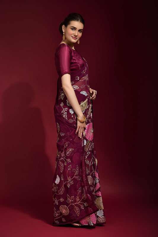 Jyoti Fashion Women's Wine Sequence Embroidery Georgette Saree with Blouse | Grocsy