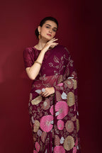 Jyoti Fashion Women's Wine Sequence Embroidery Georgette Saree with Blouse | Grocsy