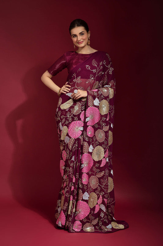 Jyoti Fashion Women's Wine Sequence Embroidery Georgette Saree with Blouse | Grocsy