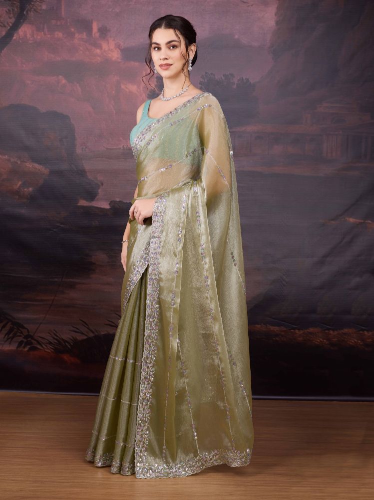 Jyoti Fashion Women's Sea Green Jimmy Choo Sequins Embroidered Designer Saree with Blouse | Grocsy