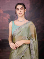 Jyoti Fashion Women's Sea Green Jimmy Choo Sequins Embroidered Designer Saree with Blouse | Grocsy