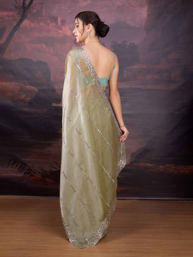 Jyoti Fashion Women's Sea Green Jimmy Choo Sequins Embroidered Designer Saree with Blouse | Grocsy