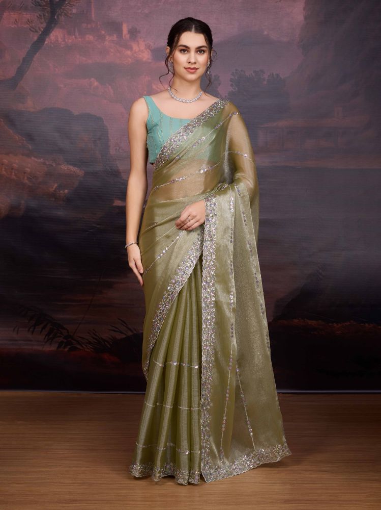 Jyoti Fashion Women's Sea Green Jimmy Choo Sequins Embroidered Designer Saree with Blouse | Grocsy