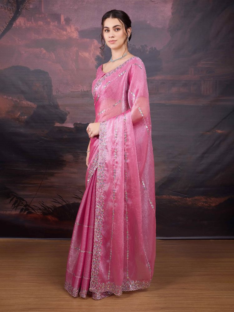 Jyoti Fashion Women's Pink Jimmy Choo Sequins Embroidered Designer Saree with Blouse | Grocsy