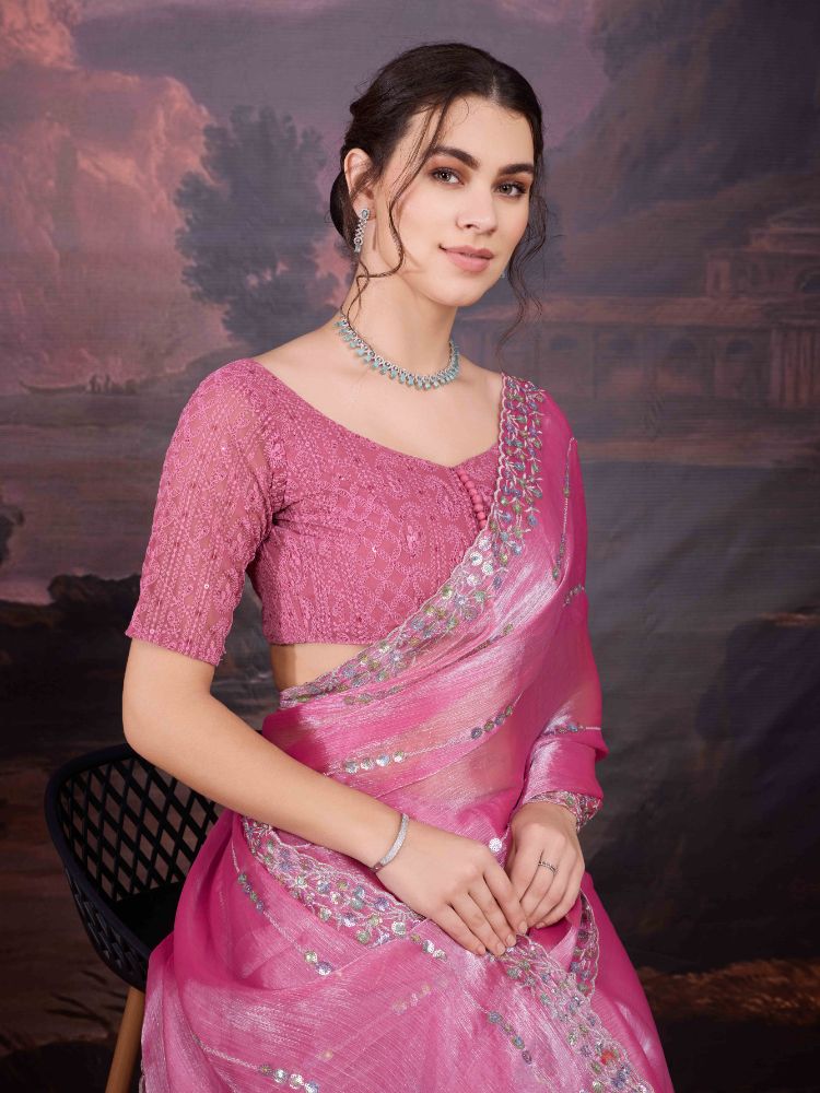 Jyoti Fashion Women's Pink Jimmy Choo Sequins Embroidered Designer Saree with Blouse | Grocsy