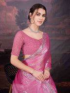 Jyoti Fashion Women's Pink Jimmy Choo Sequins Embroidered Designer Saree with Blouse | Grocsy