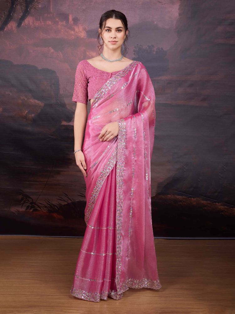 Jyoti Fashion Women's Pink Jimmy Choo Sequins Embroidered Designer Saree with Blouse | Grocsy