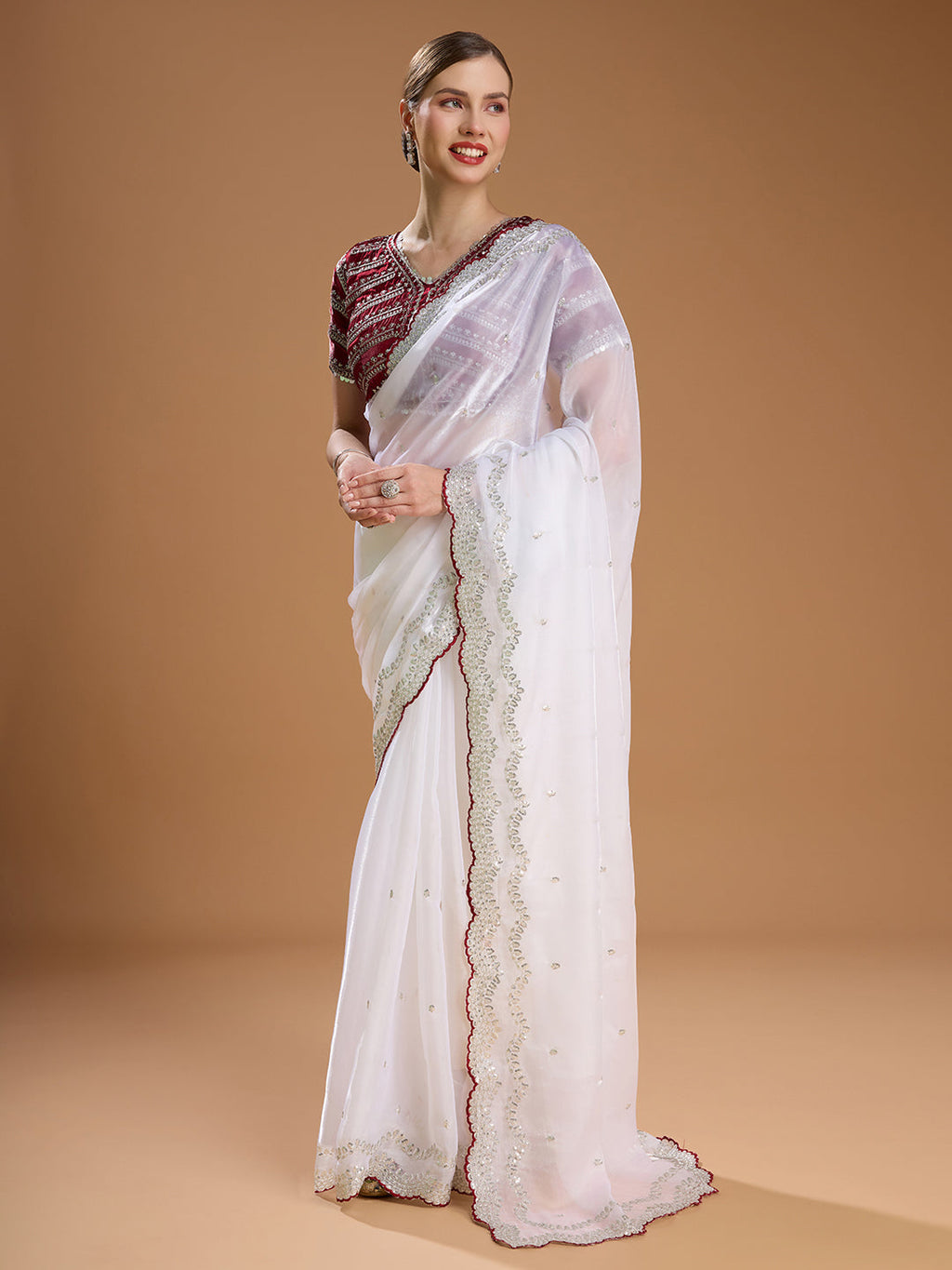 Jyoti Fashion Women's White Jimmy Choo Sequins Embroidered Designer Saree with Blouse | Grocsy