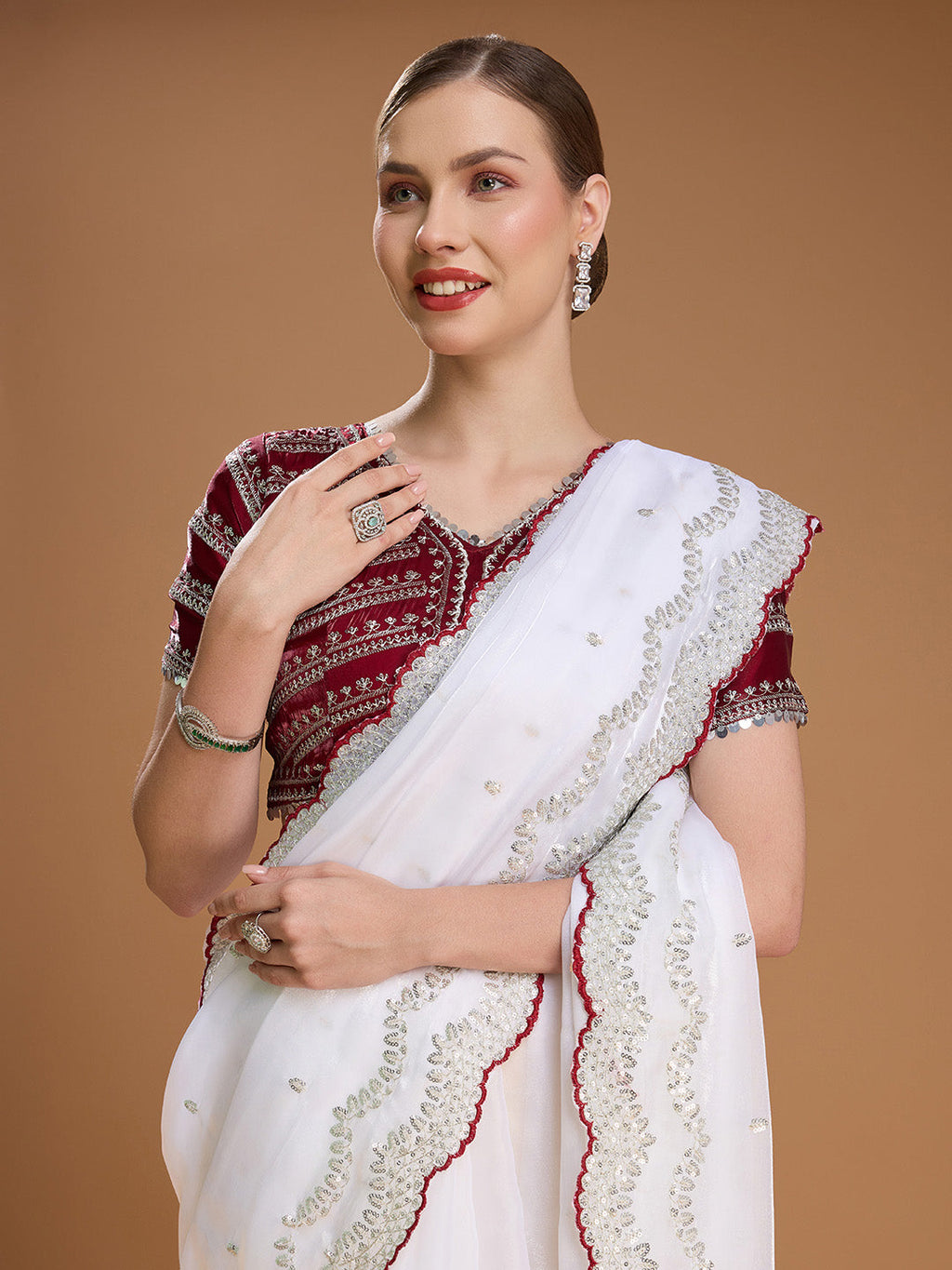 Jyoti Fashion Women's White Jimmy Choo Sequins Embroidered Designer Saree with Blouse | Grocsy