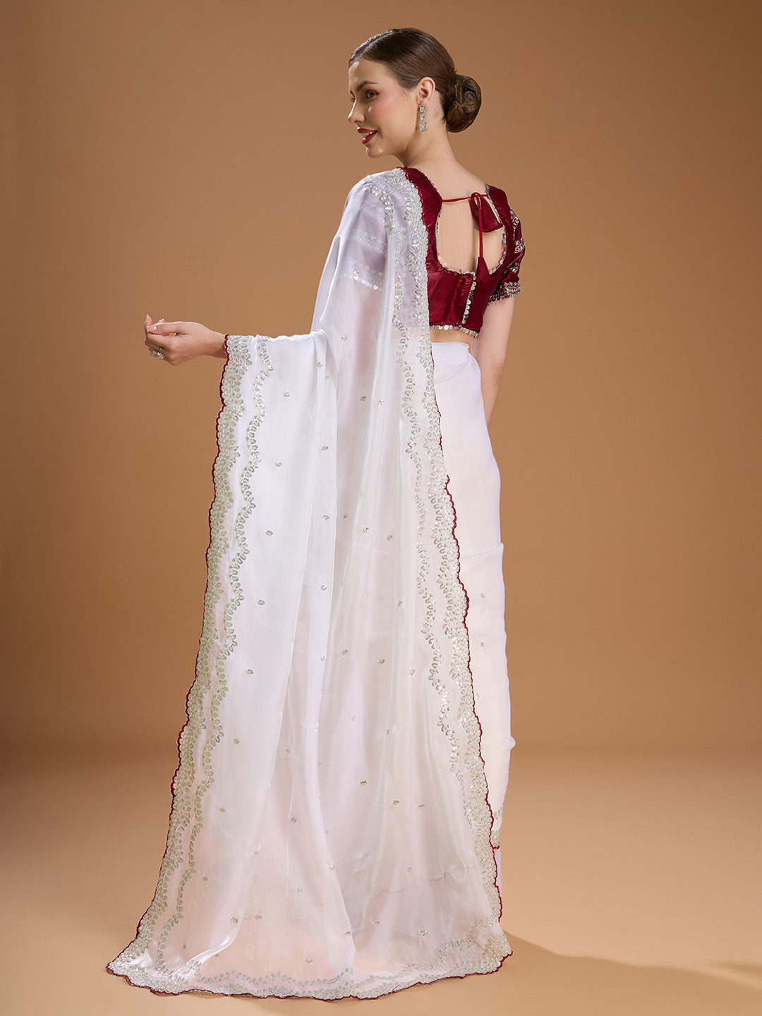 Jyoti Fashion Women's White Jimmy Choo Sequins Embroidered Designer Saree with Blouse | Grocsy