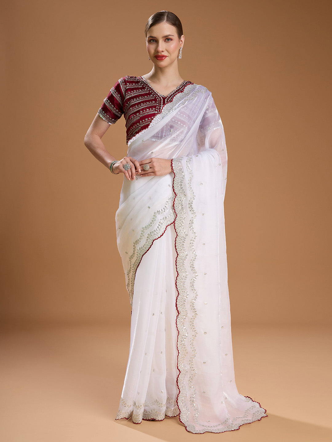 Jyoti Fashion Women's White Jimmy Choo Sequins Embroidered Designer Saree with Blouse | Grocsy