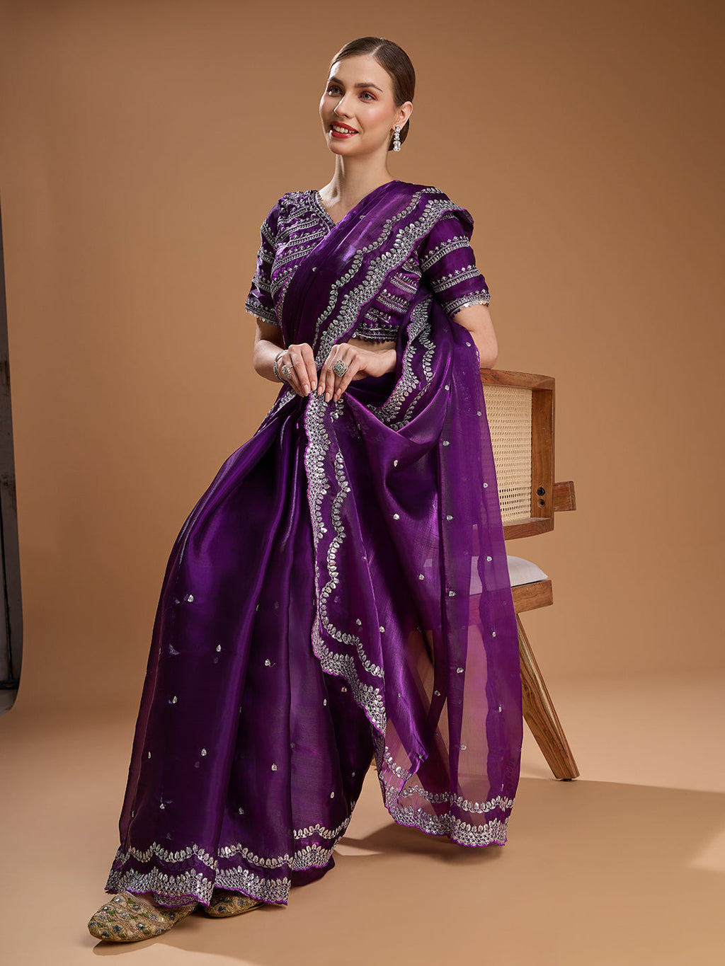 Jyoti Fashion Women's Purple Jimmy Choo Sequins Embroidered Designer Saree with Blouse | Grocsy