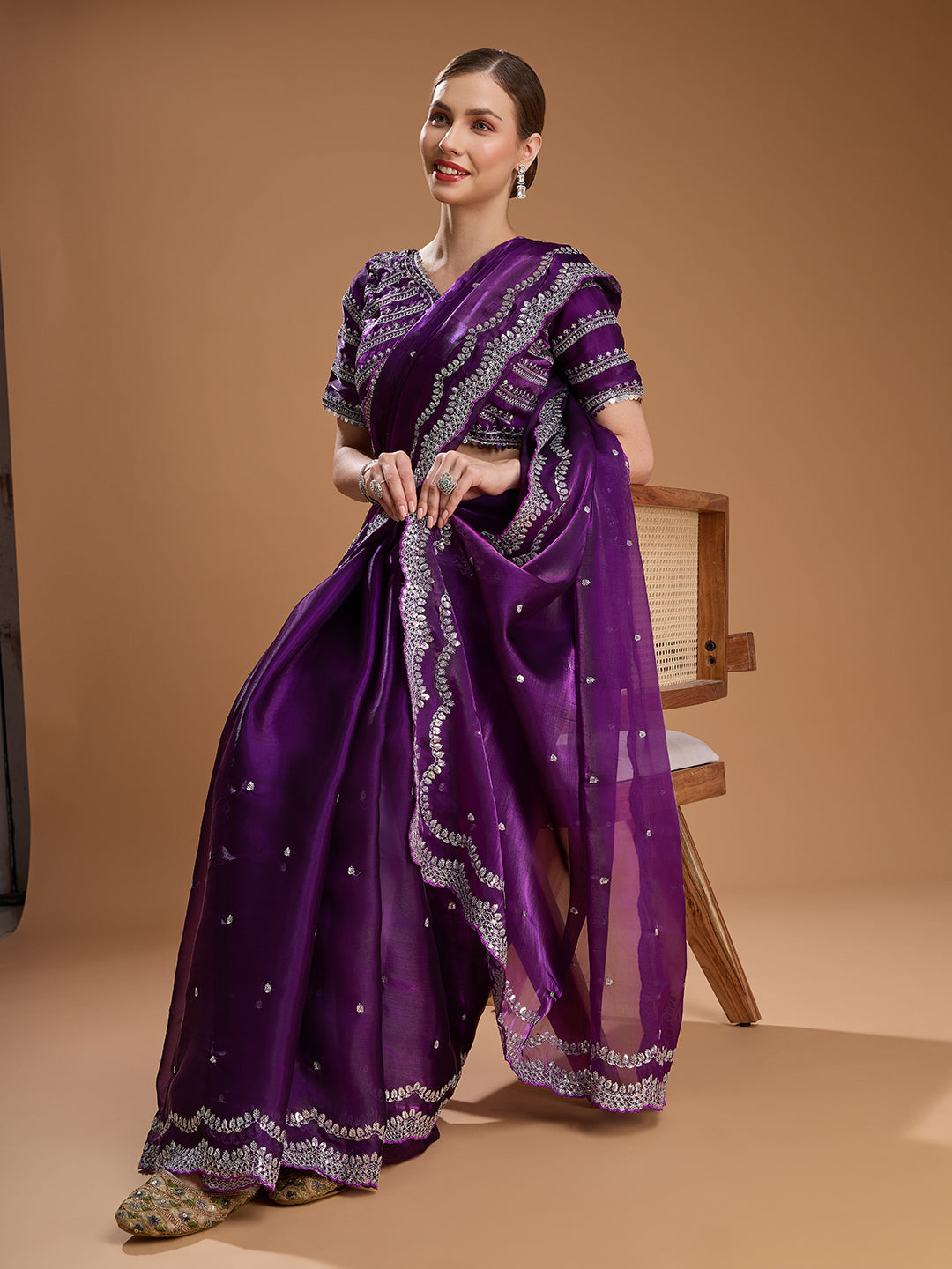 Jyoti Fashion Women's Purple Jimmy Choo Sequins Embroidered Designer Saree with Blouse | Grocsy