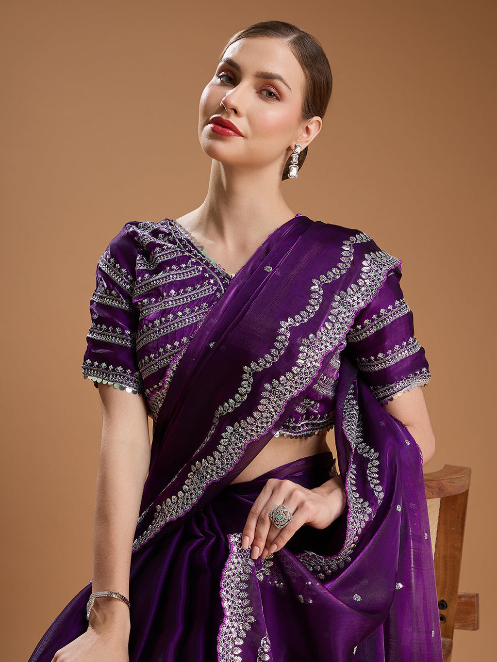 Jyoti Fashion Women's Purple Jimmy Choo Sequins Embroidered Designer Saree with Blouse | Grocsy