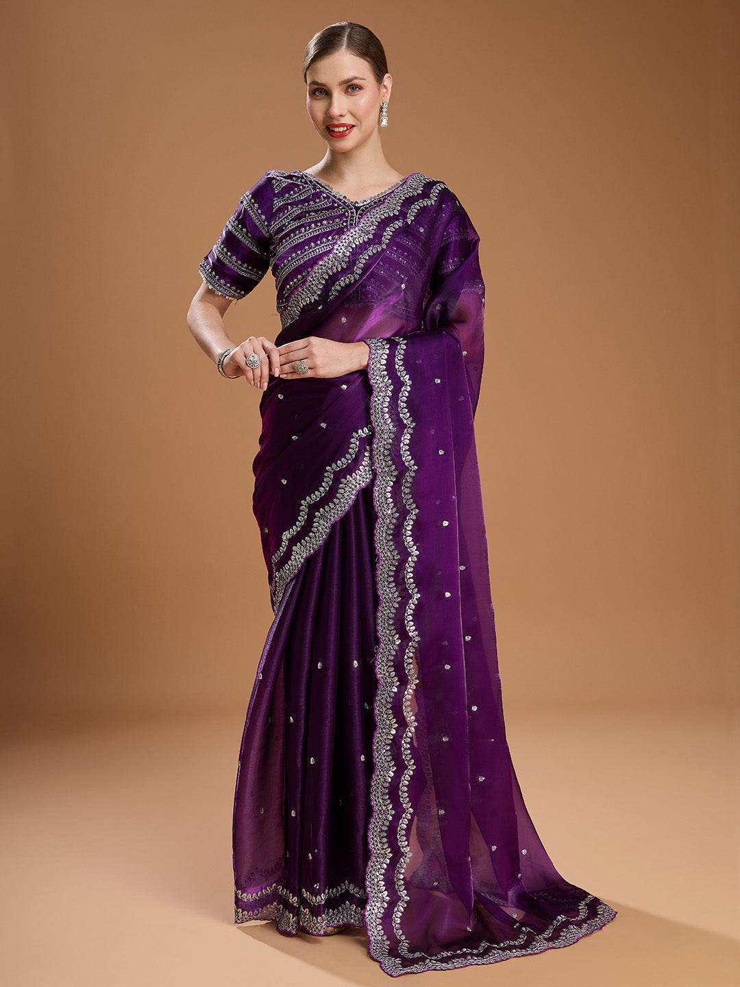 Jyoti Fashion Women's Purple Jimmy Choo Sequins Embroidered Designer Saree with Blouse | Grocsy