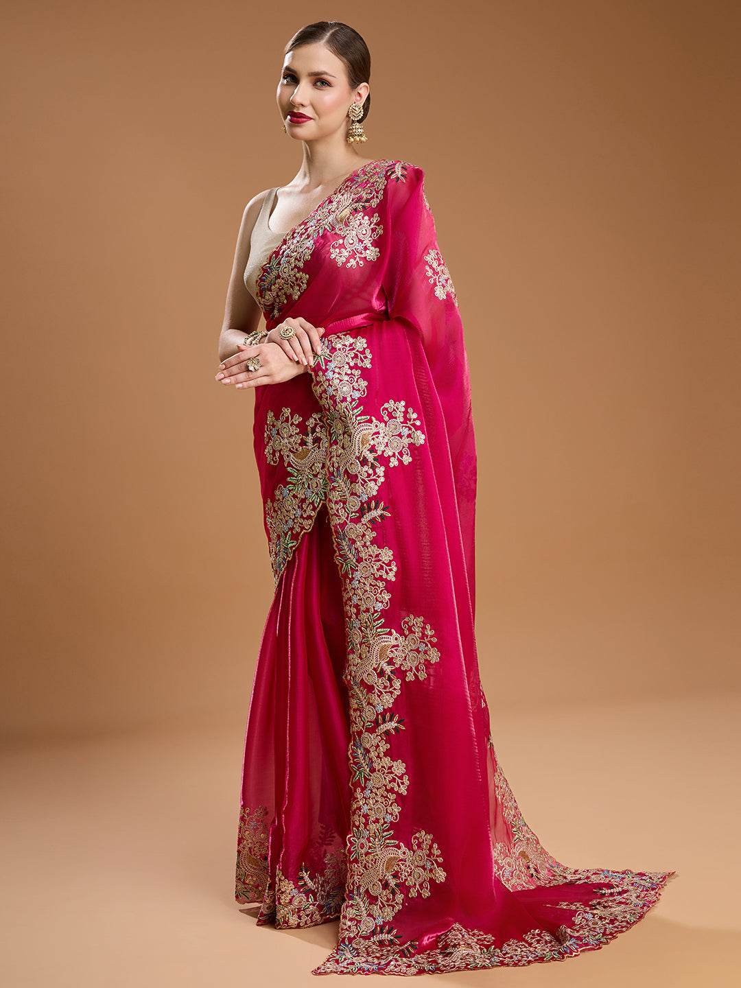 Jyoti Fashion Women's Rani Pink Jimmy Choo Embroidered & Coding Designer Saree with Blouse | Grocsy