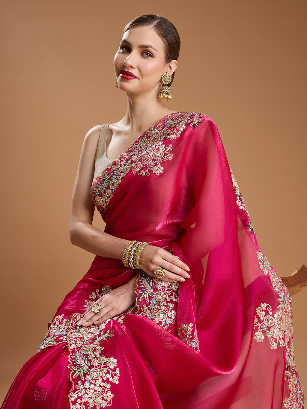 Jyoti Fashion Women's Rani Pink Jimmy Choo Embroidered & Coding Designer Saree with Blouse | Grocsy