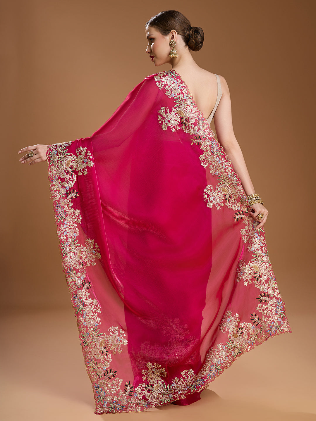 Jyoti Fashion Women's Rani Pink Jimmy Choo Embroidered & Coding Designer Saree with Blouse | Grocsy