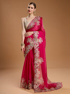 Jyoti Fashion Women's Rani Pink Jimmy Choo Embroidered & Coding Designer Saree with Blouse | Grocsy
