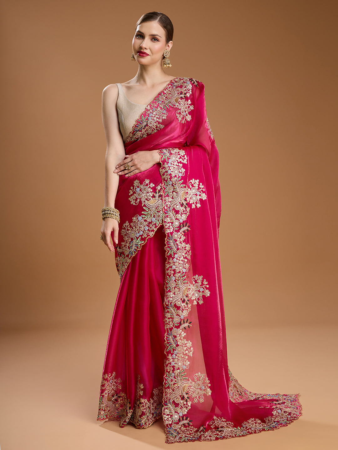 Jyoti Fashion Women's Rani Pink Jimmy Choo Embroidered & Coding Designer Saree with Blouse | Grocsy