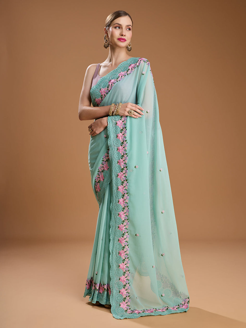 Jyoti Fashion Women's Sky Blue Chiffon Satin Embroidered Designer Saree with Blouse | Grocsy