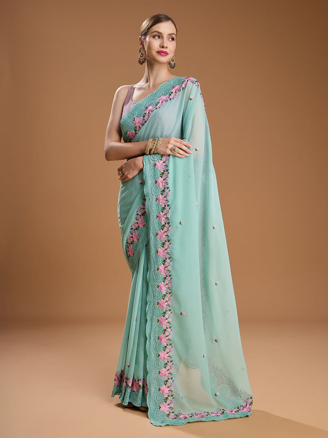 Jyoti Fashion Women's Sky Blue Chiffon Satin Embroidered Designer Saree with Blouse | Grocsy