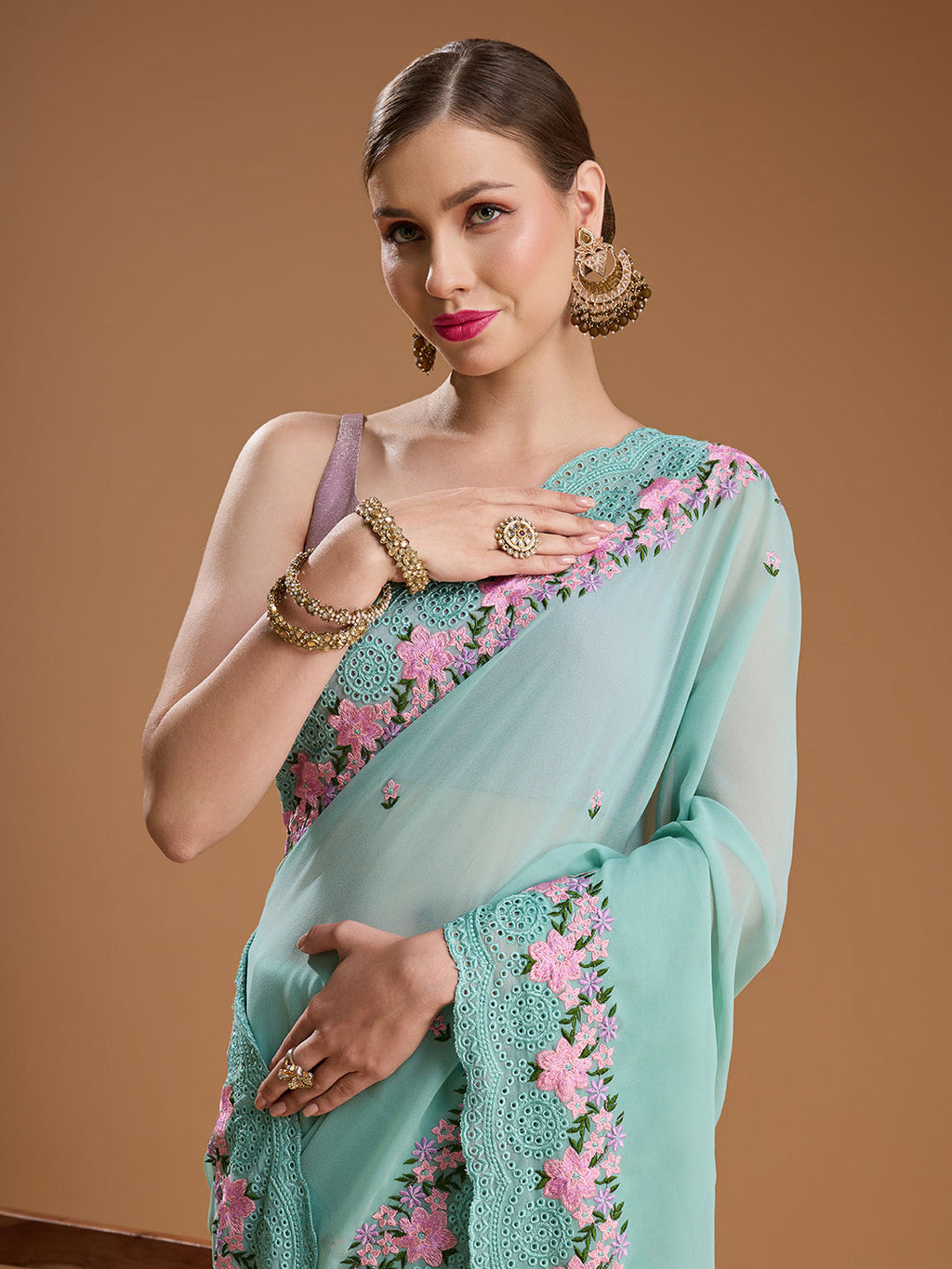 Jyoti Fashion Women's Sky Blue Chiffon Satin Embroidered Designer Saree with Blouse | Grocsy