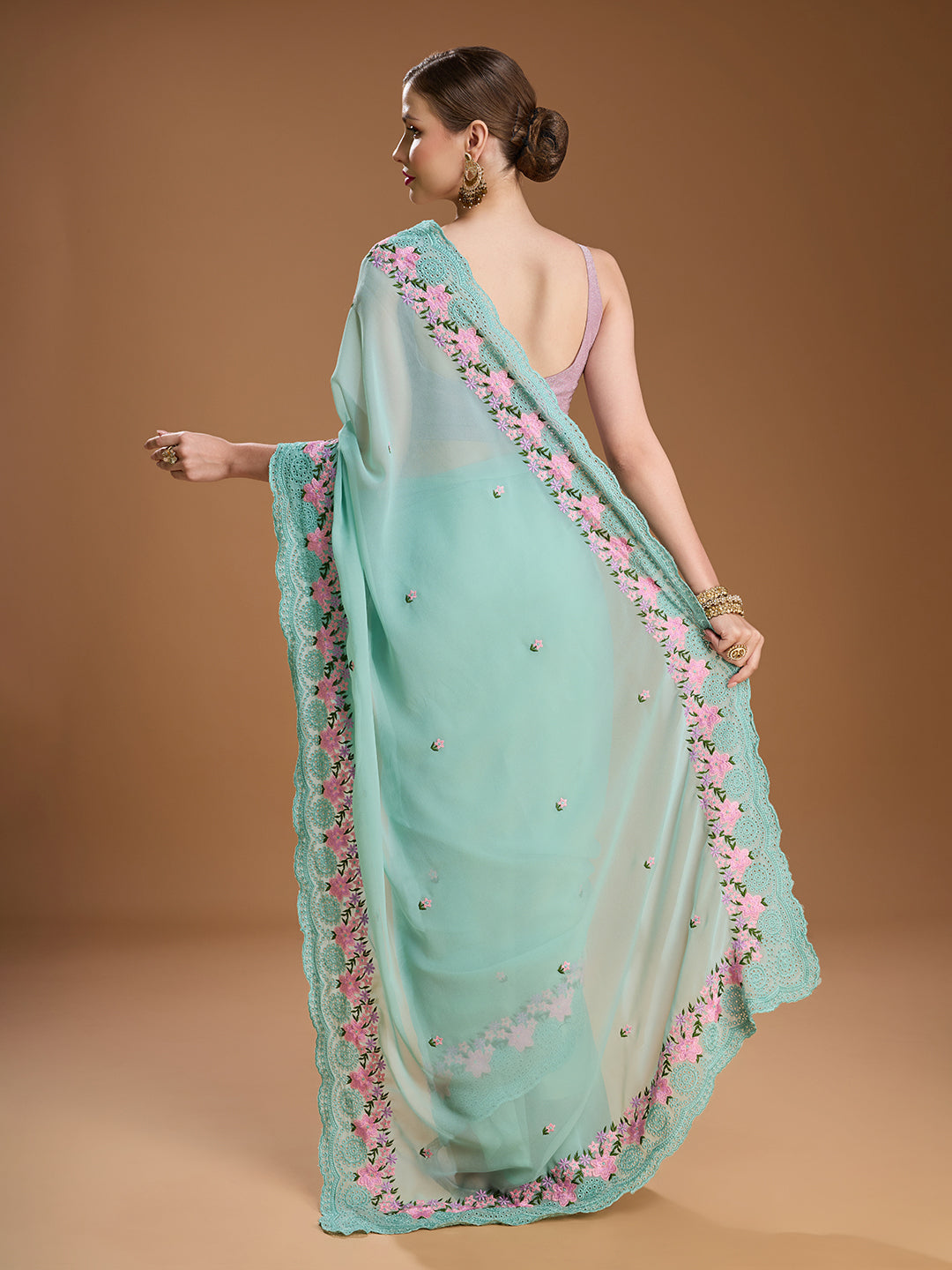 Jyoti Fashion Women's Sky Blue Chiffon Satin Embroidered Designer Saree with Blouse | Grocsy